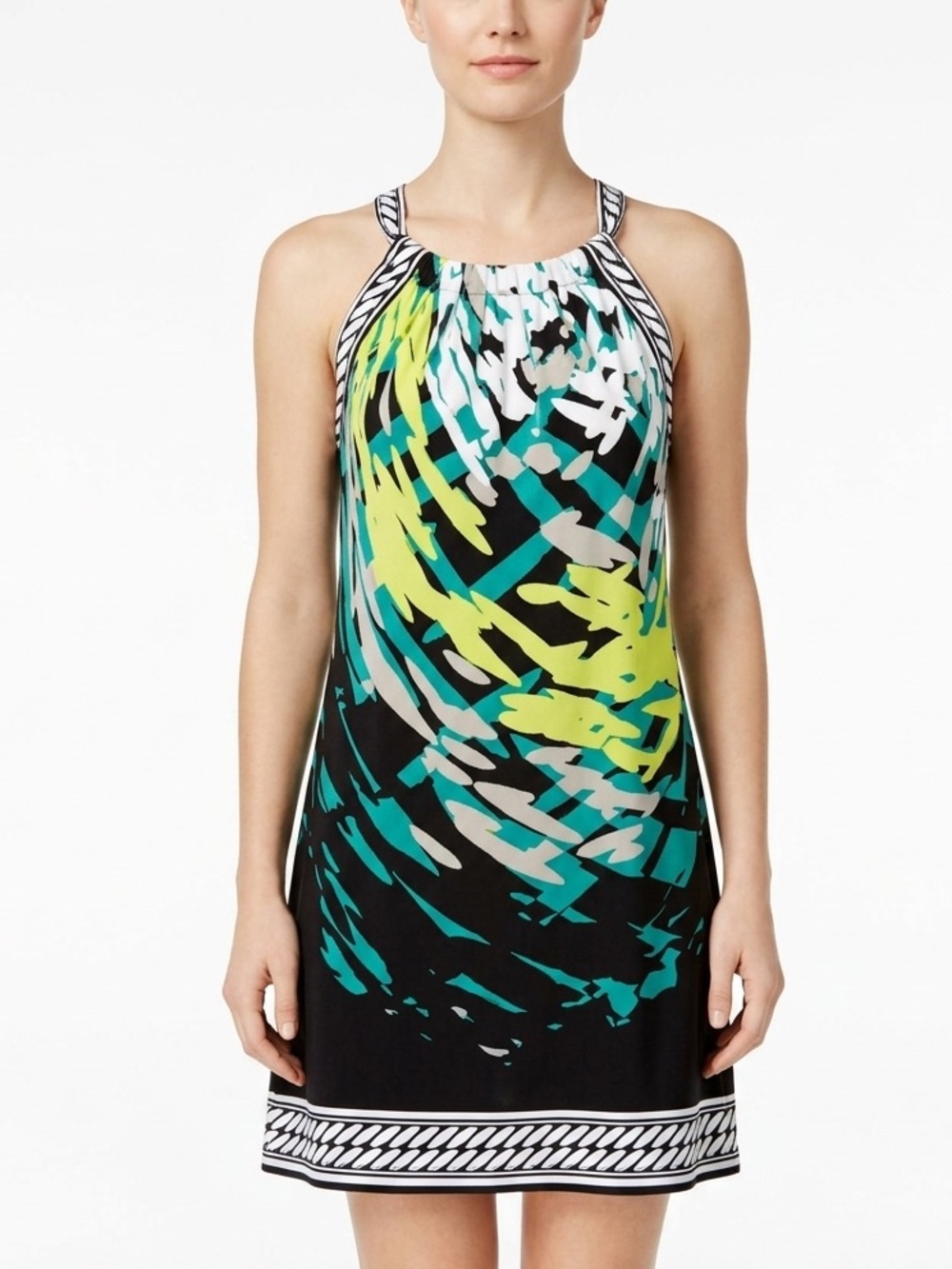 ALFANI Tank Sundress Border Trim Palm Design Green Black White PS SP EUC $70